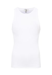 White, sleeveless tank top made of ribbed fabric. It has a round neckline and a fitted silhouette with no visible patterns or accents.