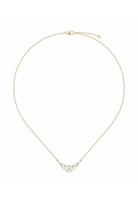 Złoty naszyjnik łańcuszkowy z V-kształtnym wzorem ozdobionym przezroczystymi kamieniami i małymi akcentami kwiatowymi. Gładka tekstura, minimalistyczny styl.