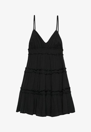 Robe camisole noire à volants avec des bretelles spaghetti, présentant un décolleté en V, une taille froncée et des couches à volants pour plus de texture.