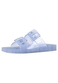 Translucent blue slide sandals with two adjustable buckles. Designed with a flat, smooth sole and a textured footbed for comfort.
