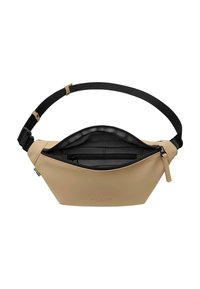 Marsupio beige con una tracolla e una cerniera nera. Presenta una texture liscia e raffinata e una tasca interna per l'organizzazione.