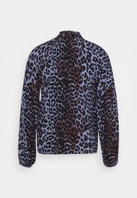 Leopardenmuster-Bluse in Blau und Braun, mit langen Ärmeln, einem gerafften Rundhalsausschnitt und einer glatten Textur. Die Rückansicht zeigt ein auffälliges Muster.