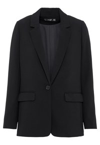 Černý blazer s klopou, jednořadým zapínáním na knoflík a dvěma předními kapsami. Vyroben z hladkého materiálu s upraveným střihem.