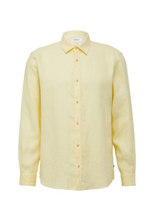 Chemise en lin jaune à manches longues avec un devant boutonné, un col pointu et des boutons brun clair. Présente une texture lisse et une coupe décontractée.