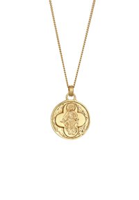 Guldtonet vedhængs halskæde med en cirkulær medaljon, der har en detaljeret relieff af en figur centreret i et blomsteragtigt design.