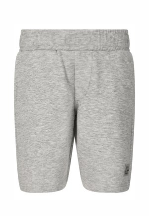 Lichtgrijze katoenmengselshorts met elastische tailleband en klein logoplaatje op het onderste linkerpantbeen, gezien van voren.