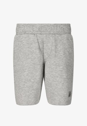 Hellgraue Shorts aus Baumwollmischung mit elastischem Bund und kleinem Logopatch am unteren linken Bein, von vorne gezeigt.