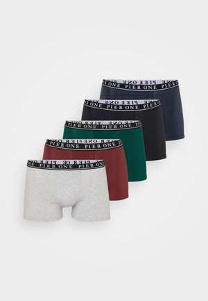 Five pairs of boxer briefs in gray, burgundy, green, navy, and black, featuring a black elastic waistband with "PIER ONE" text.