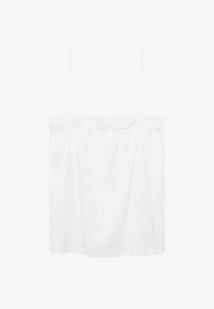 Top alb tip maiou cu bretele subțiri, cu un tiv din dantelă de-a lungul decolteului și un design lejer, cu țesătură fluidă.