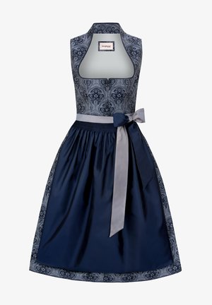 Marineblaues Kleid mit einem strukturierten, gemusterten Oberteil und einem einfarbigen, plissierten Rock. Mit einem grauen Satinschärpe, der in der Taille gebunden ist. Halterneck-Ausschnitt.
