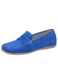 Blaue Wildleder-Lederschuhe mit flacher Gummisohle, gesteppten Akzenten und einer strukturierten Oberseite, ausgestattet mit einem gestreiften Stofffutter im Inneren.