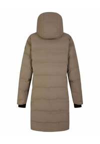 Braune gepolsterte Jacke mit Kapuze, die ein gesteppteres Design, lange Ärmel und elastische Bündchen aufweist. Glatte Textur ohne sichtbare Beschläge.