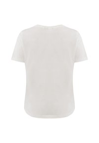 Bílý tričko s krátkým rukávem a kulatým výstřihem. Měkká, lehká tkanina s mírně průhlednou texturou a uvolněným střihem.