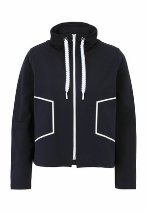 Navy hoodie with white zip and accent detailing, high collar, front pockets, and drawstring closure. Made from soft, stretchy material.
