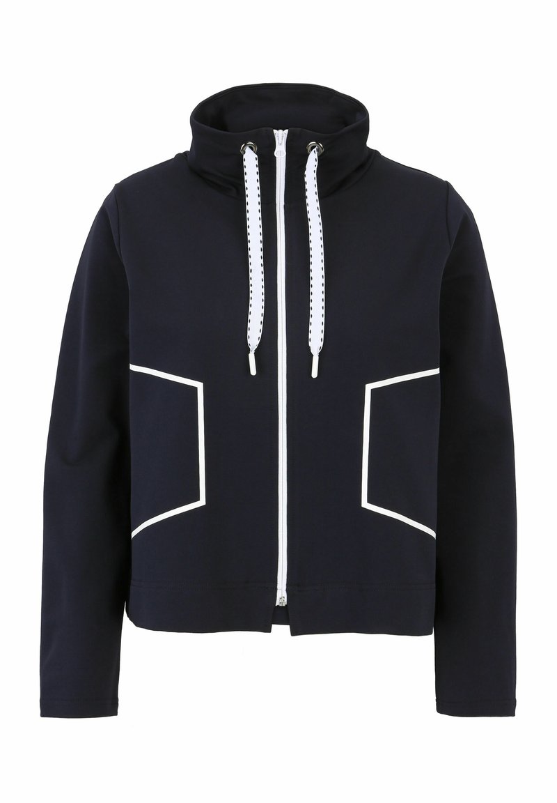 Marineblauwe hoodie met witte rits en accentdetails, hoge kraag, voorzakken en trekkoordsluiting. Gemaakt van zacht, rekbaar materiaal.