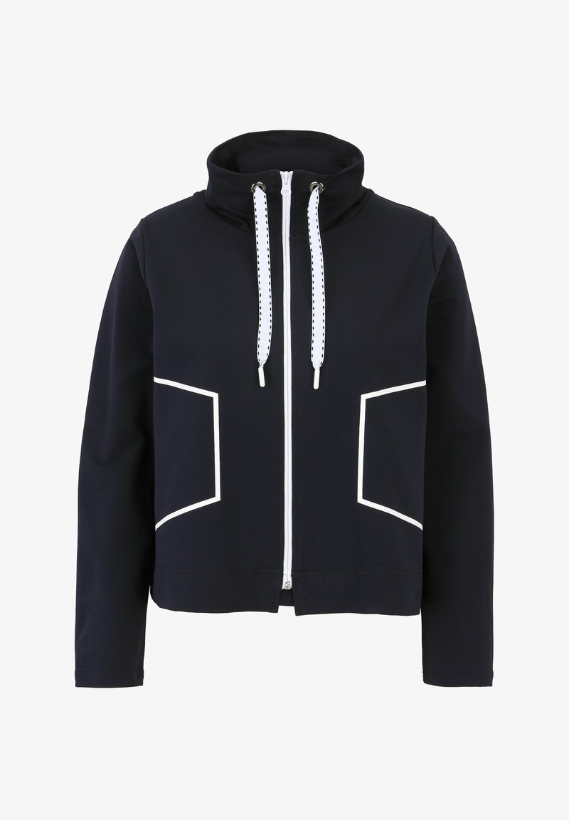 Marinefarbener Hoodie mit weißen Reißverschluss und Akzenten, hohem Kragen, Fronttaschen und Kordelzugverschluss. Hergestellt aus einem weichen, dehnbaren Material.