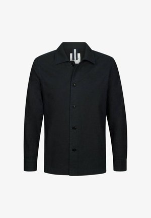 Schwarzes Hemd mit Knöpfen aus weichem Stoff, mit spitzem Kragen und langen Ärmeln. Verfügt über vordere Knöpfe und eine glatte Textur.