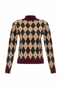 Maglione lavorato a maglia con motivo argyle in beige, nero e bordeaux, con collo alto e polsini e orlo a coste.