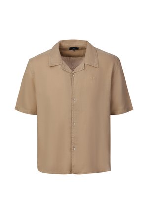 Beige lyhythihainen nappikauluspaita, jossa kaulus ja hienovarainen vasemmassa rinnassa brodeerattu logo.