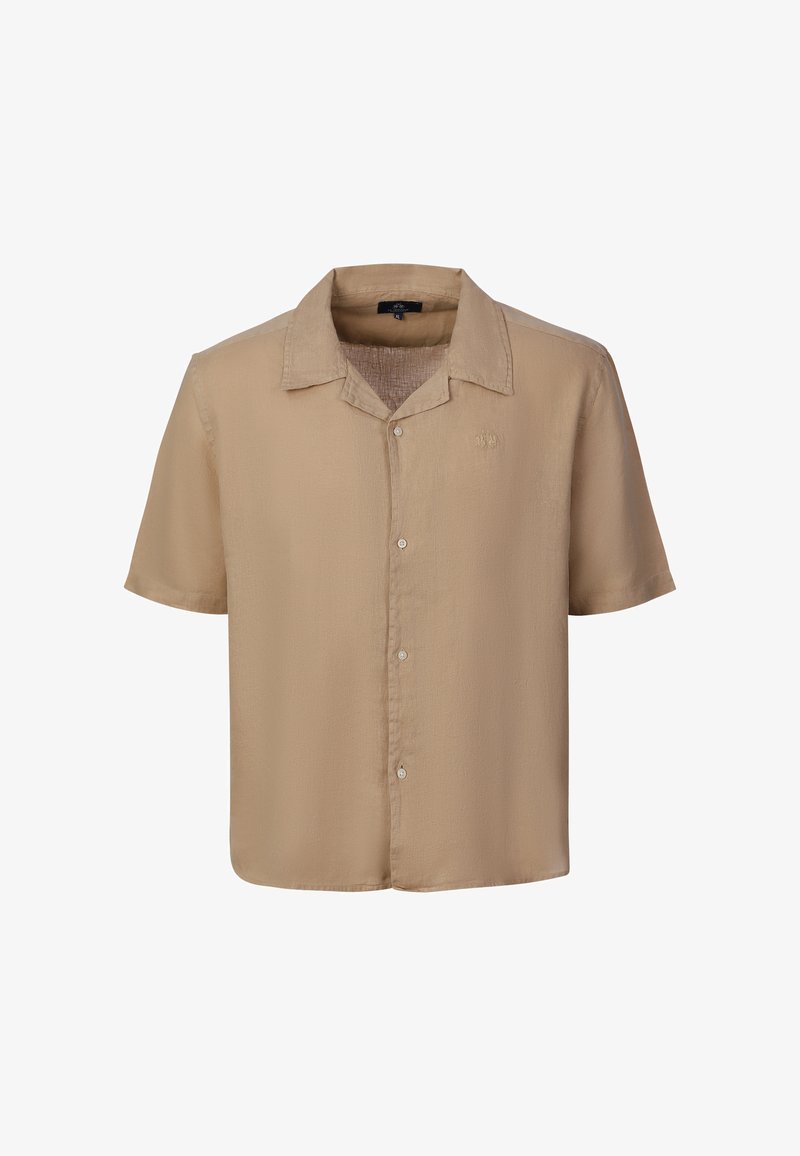 Chemise beige à manches courtes avec boutons, col et logo brodé subtil sur le côté gauche de la poitrine.
