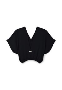 Top nero cropped con scollatura a V profonda, maniche ampie e orlo arricciato. Tessuto liscio con un'etichetta al centro inferiore.