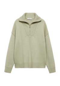 Light green pullover sweater with a high ribbed collar, half-zip closure, and textured cable-knit detail at the chest. Soft, relaxed fit.