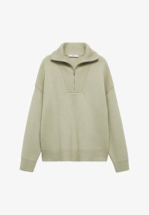 Lichtgroene pullover trui met een hoge geribbelde kraag, halve rits en een textuur van kabelbreiwerk bij de borst. Zacht, ontspannen pasvorm.