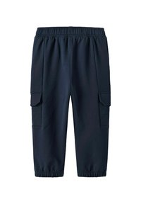 Tumedav sinine cargo püksid elastse vöökohtaga, kahe külje taskuga ja kitsenevate sääreotstega. Valmistatud pehmest, venivast kangast.