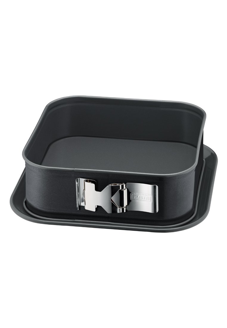 Rektangulär springformkaka med mörkgrå metall och ett hölje av rostfritt stål. Slät, matt yta med en avtagbar botten.