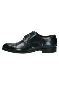 Scarpe eleganti in pelle nera con una finitura liscia e lucida, punta arrotondata e design con cinque fori per i lacci. Presentano una suola in gomma bassa e piatta.