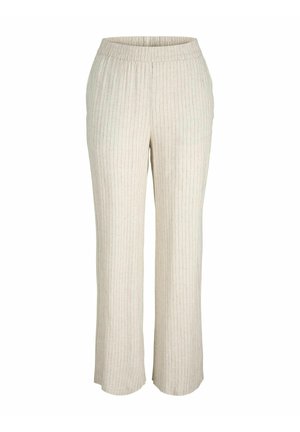 Pantalons larges beige clair en tissu texturé avec des rayures verticales. Dotés d'une taille élastiquée pour plus de confort.