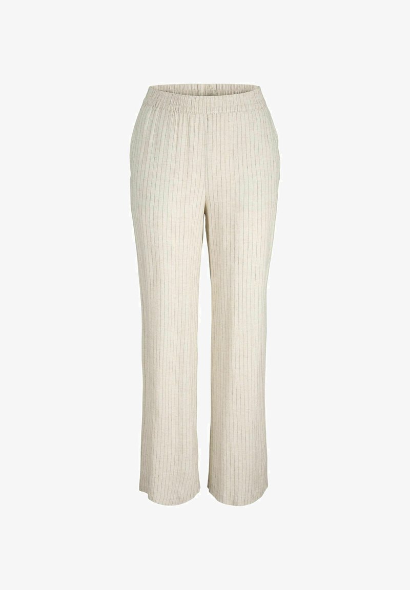 Šviesiai smėlio spalvos platūs kelnių modeliai, pagaminti iš tekstūruoto audinio su vertikaliomis juostelėmis. Patogumui yra elastinga juosmens linija.