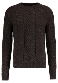 Pull marron foncé avec motif en torsades, encolure arrondie, manches longues et ourlet côtelé. Tissu texturé avec un éclat subtil.