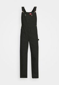 Salopette in denim nero con spalline regolabili, chiusura frontale con bottoni e due tasche. Tessuto liscio con un design classico a gamba dritta.