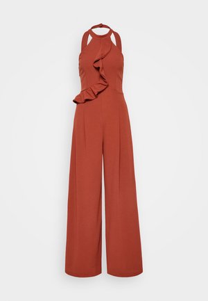 Salopette color ruggine con collo all'americana, dettagli arricciati sul davanti e pantaloni a gamba larga, realizzata in un tessuto morbido e testurizzato.