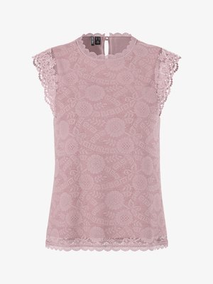 Hihaton pölyinen vaaleanpunainen pitsipaita, jossa on kukkakuviot, aaltoilevat reunat ja pieni nappikiinnitys takana kaula-aukon kohdalla.