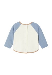 Weiches, cremefarbenes Fleece-Shirt mit blauen Raglanärmeln, runder Saum und Knöpfen hinten. Brauner Besatz am Halsausschnitt und Saum.