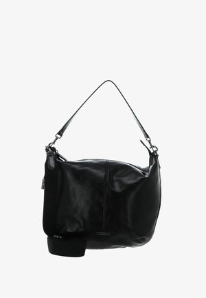 Black leather shoulder bag with a smooth texture, adjustable strap, and top zip closure. Features a subtle logo accent and structured shape.