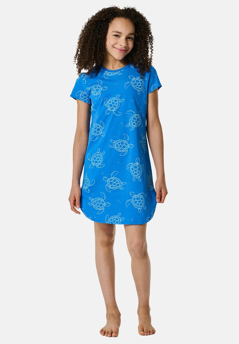 Blå kortærmet kjole lavet af blødt stof med et skildpadde-mønster i hvid. Kjolen har en løstsiddende pasform og når over knæet.