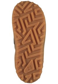 Suela de zapato de goma marrón con un patrón de zigzag, con un acabado texturizado y el número "25" grabado en el lado.