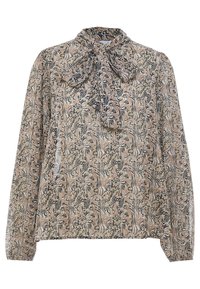 Blusa con dettaglio a fiocco al colletto, caratterizzata da un motivo floreale a vortice nei colori beige, nero e marrone, realizzata in un tessuto leggero.