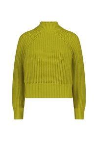 Strickpullover in leuchtendem Limettengrün mit hohem Kragen, gerippten Bündchen und entspannter Passform. Verfügt über ein Muster mit offenem Gewebe.