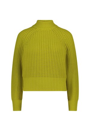 Strickpullover in leuchtendem Limettengrün mit hohem Kragen, gerippten Bündchen und entspannter Passform. Verfügt über ein Muster mit offenem Gewebe.