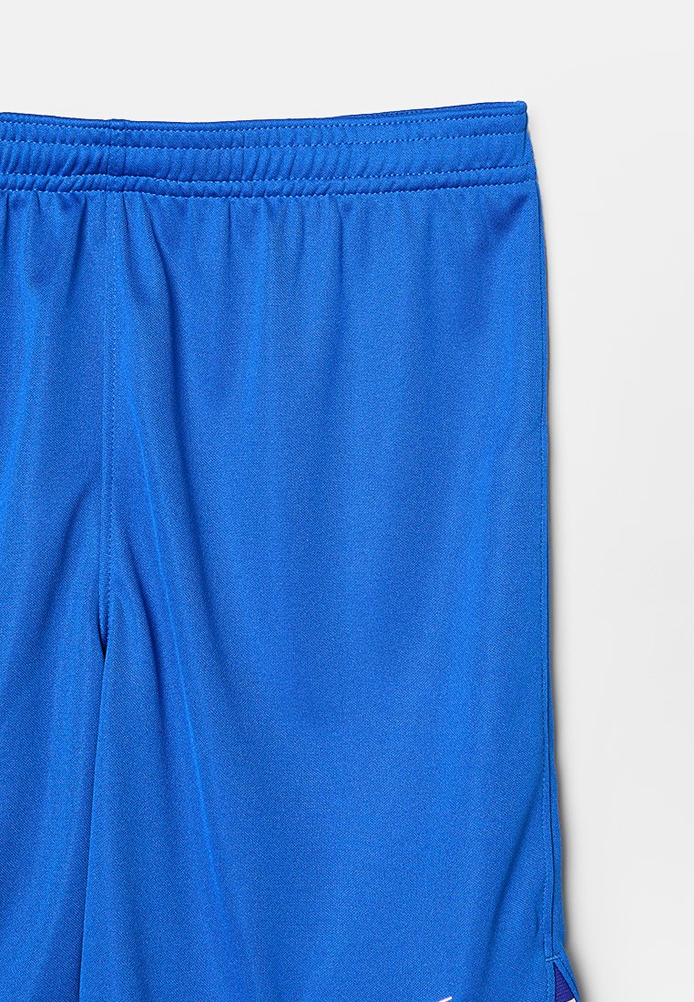Shorts de sport bleus en tissu léger, avec une ceinture élastique et des fentes sur les côtés pour faciliter le mouvement.