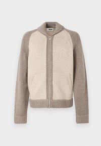 Casaco tricotado com fecho zip com painéis frontais bege, mangas taupe, gola canelada, punhos, bainha e bolsos frontais.