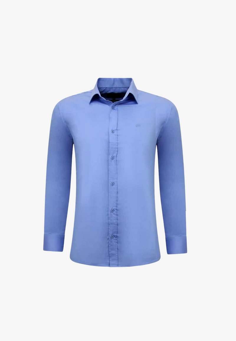 Lange mouwen, lichtblauw blouse met knopen en een puntige kraag, met knoopmanchetten, weergegeven op een witte achtergrond.