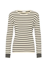 Ribbed knit pitkähihainen neule, jossa on vaakasuorat mustat ja kermaisa raidat, pyöreä kaula-aukko ja vartalonmyötäinen leikkaus.