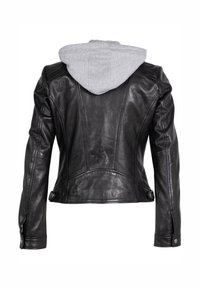 Schwarze Lederjacke mit grauem Hoodie-Futter, taillierte Passform, strukturierte Nähte und Knopfakzente an den Bündchen. Nur Rückansicht.
