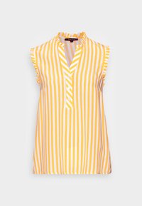 Blusa amarela e branca com riscas, com decote franzido, mangas curtas e uma fileira de botões. Tecido leve com um corte descontraído.