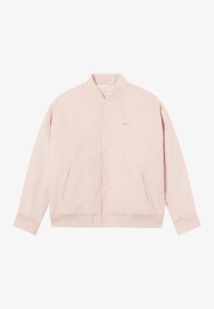 Lichtroze ribfluwelen jacket met een geribde kraag, drukknoopjes, zijzakken en een klein geborduurd logo op de borst.